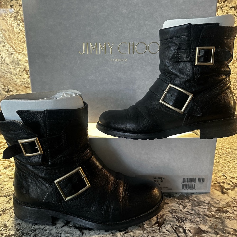 Jimmy Choo Youth Biker Unlined Ankle Boot with Gold Buckle